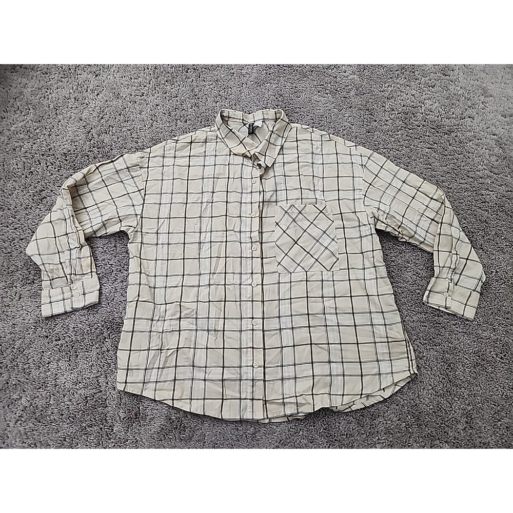 H&M Divided Button Up Shirt Womens M Cream Black Plaid Oversized Cotton